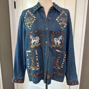 Vintage 90s Sara Studio Denim Shirt M Blue Safari Animal Embroidered Teacher